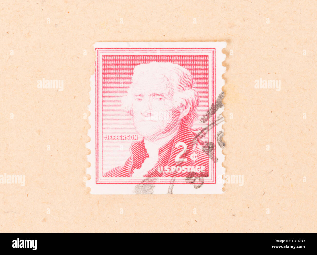 UNITED STATES OF AMERICA - CIRCA 1960: A stamp printed in the USA shows the president Thoman Jefferson, circa 1960 Stock Photo