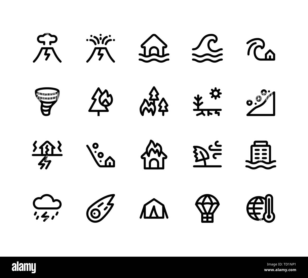 Simple Set of Disaster Related Vector Line Icons. Contains such Icons as volcano, eruption, flood, wave, tsunami and More. pixel perfect vector icons  Stock Vector