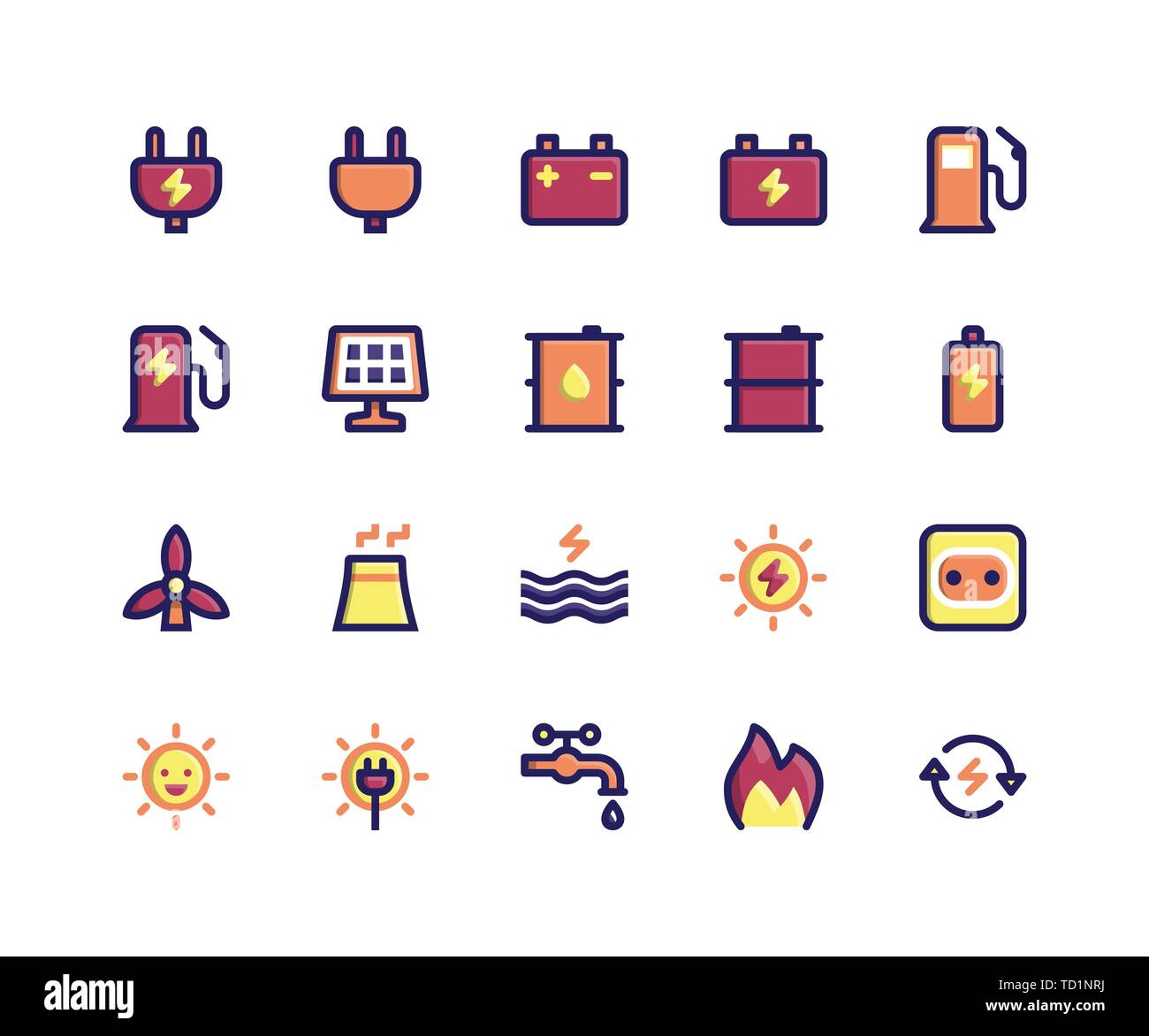 Simple Set of Energy Related Vector Filled Line Icons. Contains such Icons as plug, battery, gas, solar, oil, sun and More. pixel perfect vector icons Stock Vector