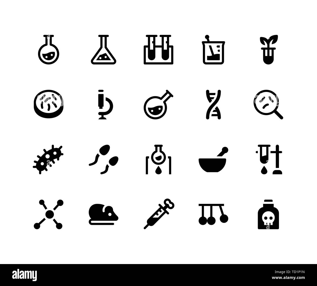 Simple Set of Laboratory Related Vector Glyph Icons. Contains such Icons as chemistry, test tube, microscope, dna, germ and More. pixel perfect vector Stock Vector