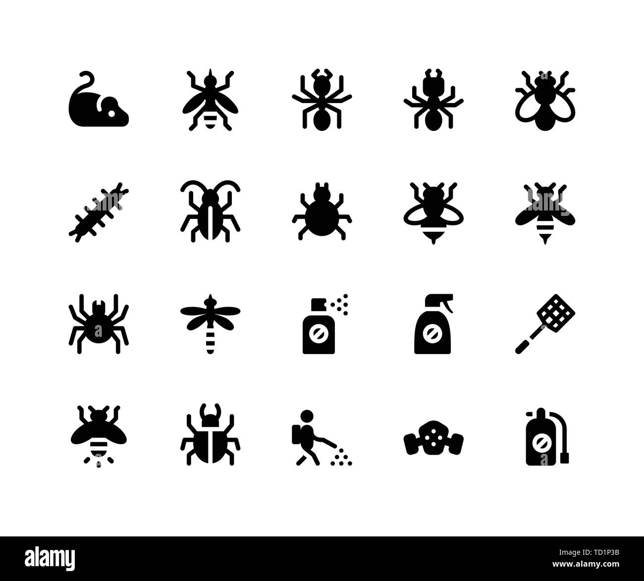 Simple Set of Pest Control Related Vector Glyph Icons. Contains such Icons as mouse, mosquito, ant, termite and More. pixel perfect vector icons based Stock Vector