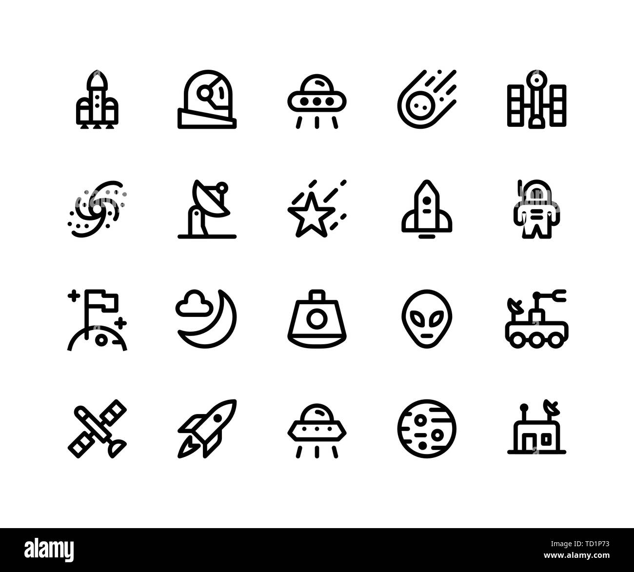 Simple Set of Space Related Vector Line Icons. Contains such Icons as rocket, astronaut, alien, comet, satellite and More. pixel perfect vector icons Stock Vector