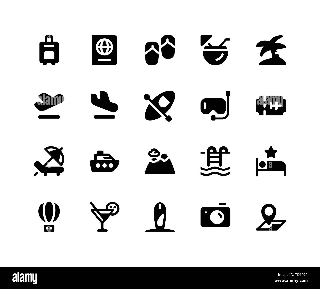 Simple Set of Travel Related Vector Glyph Icons. Contains such Icons as briefcase, passport, sandals, coconut, island and More. pixel perfect vector i Stock Vector