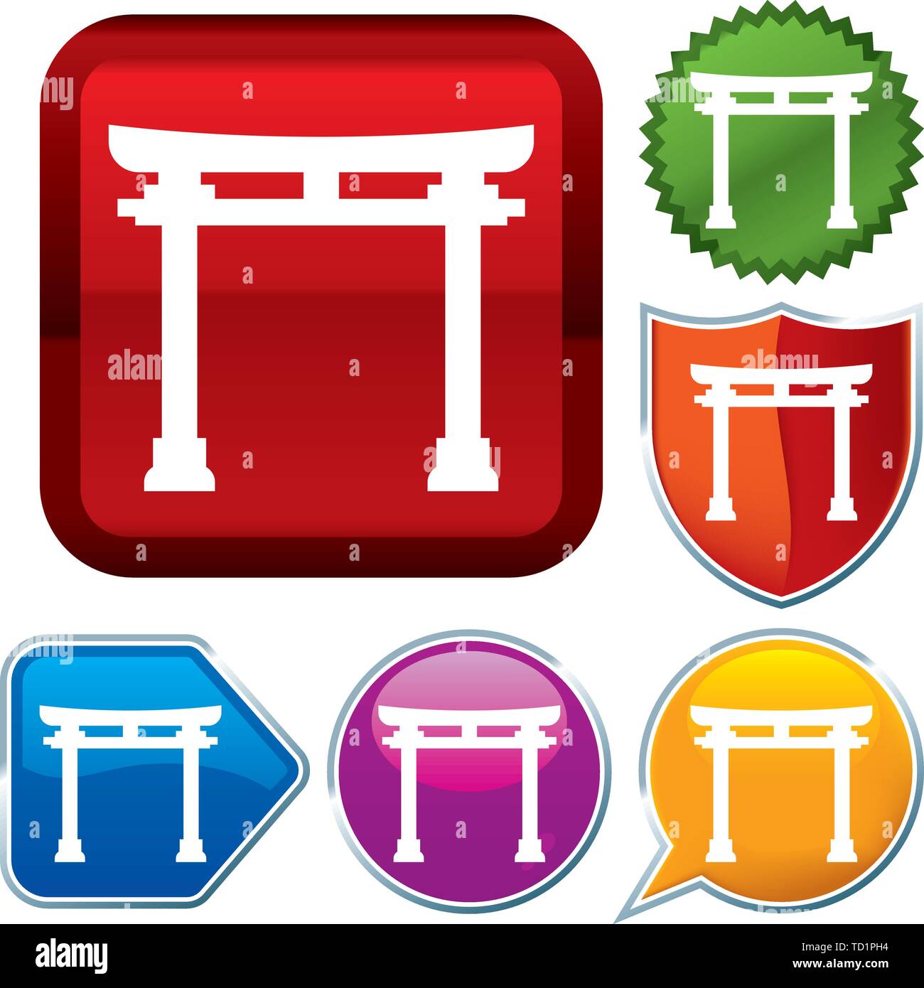 Vector illustration. Set shiny icon series on buttons. Shintoism. Stock Vector