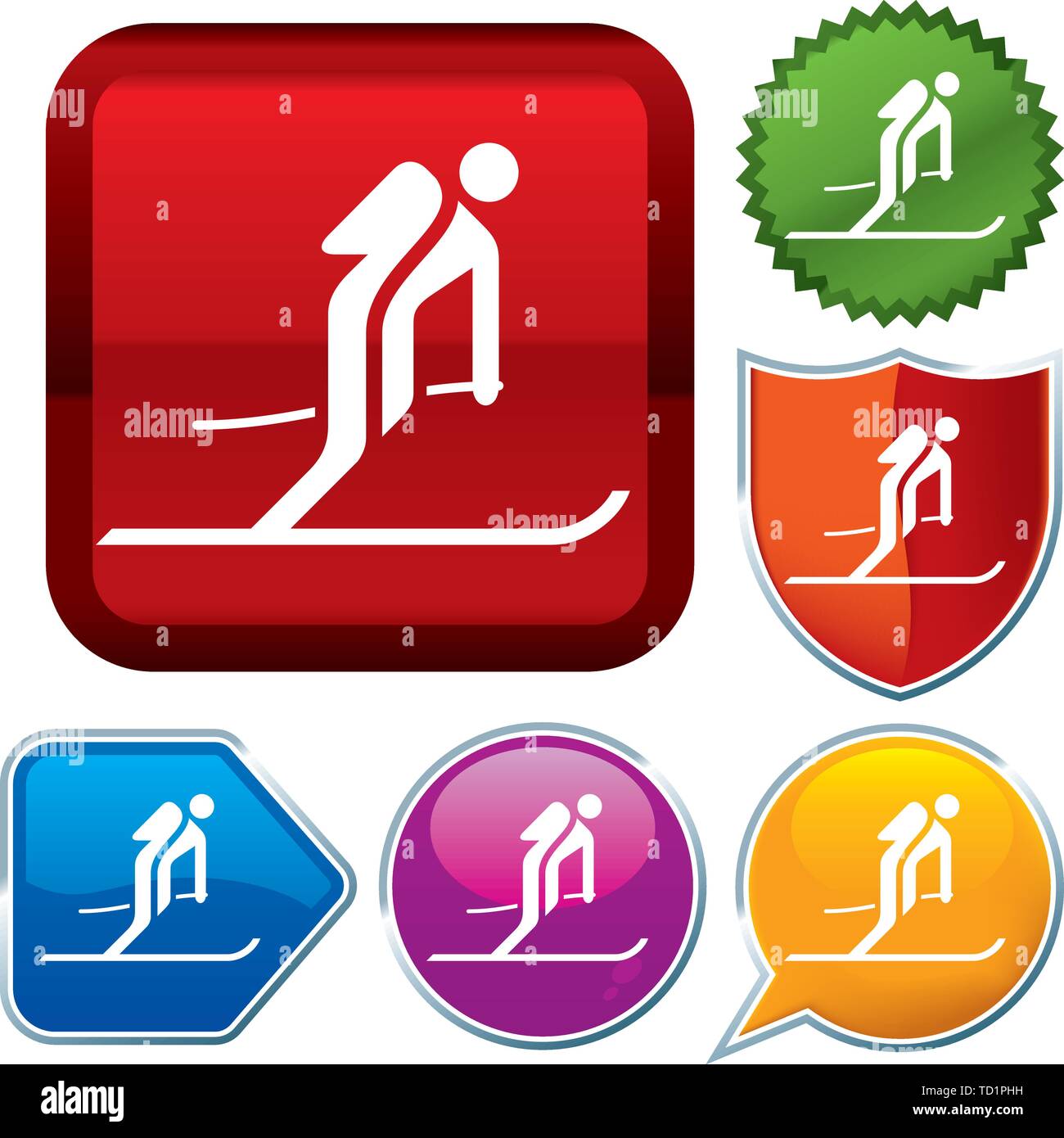 Vector illustration. Set shiny icon series on buttons. Ski. Stock Vector