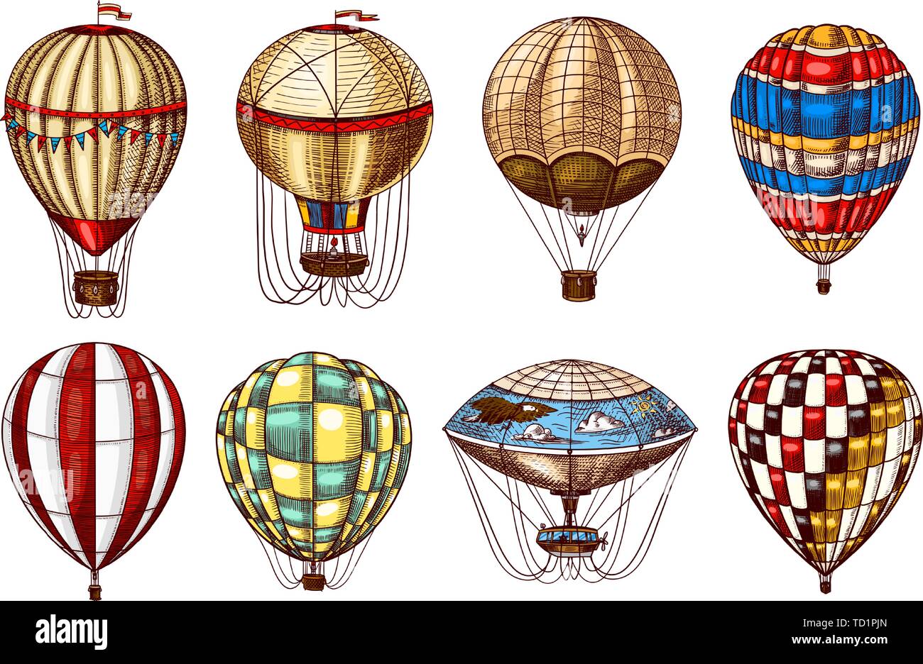 Vintage hot air balloons. Cute flying retro transport for summer holidays.  Engraved Hand Drawn Sketch Stock Vector Image & Art - Alamy