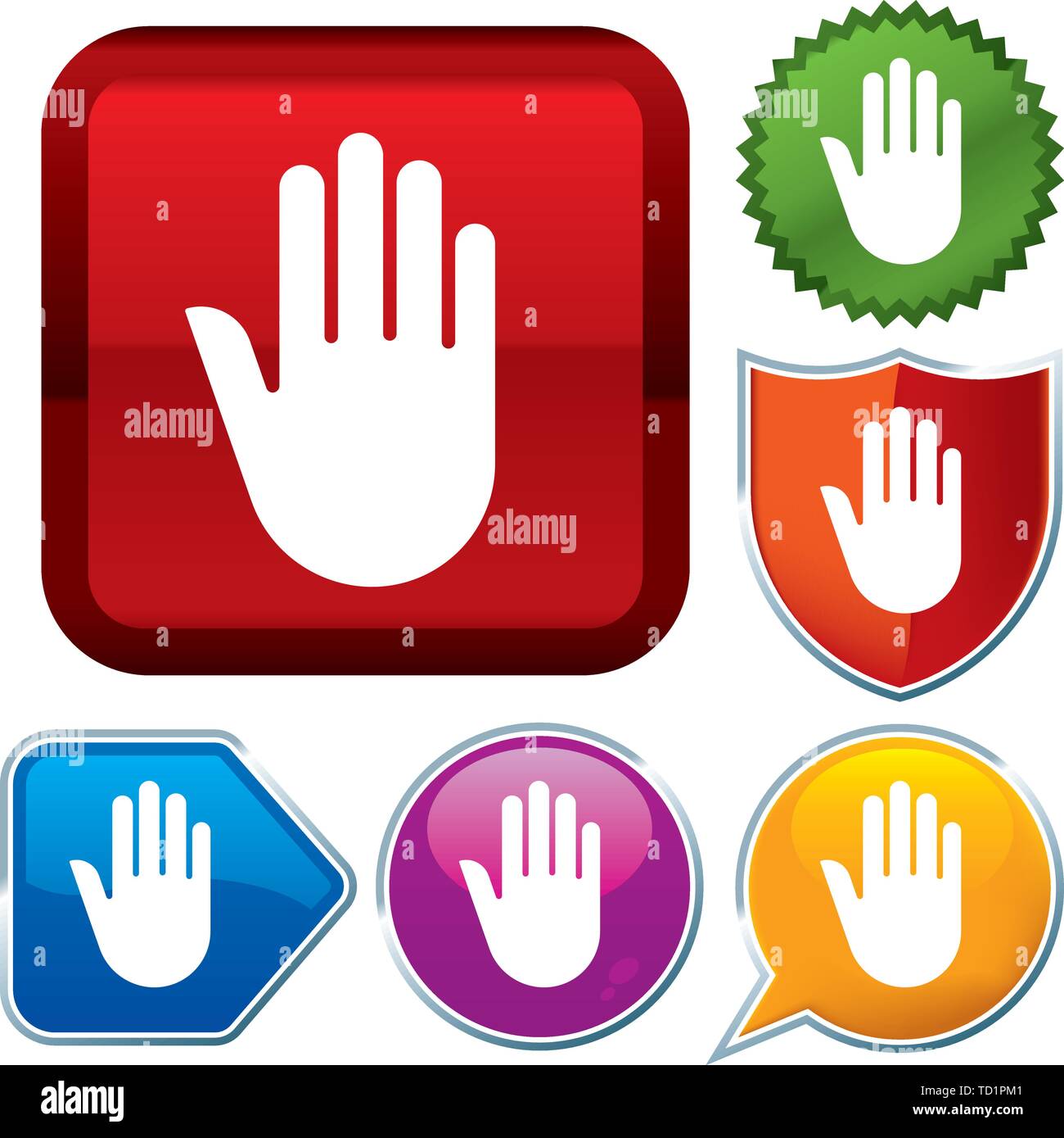Vector illustration. Set shiny icon series on buttons. Stop hand. Stock Vector