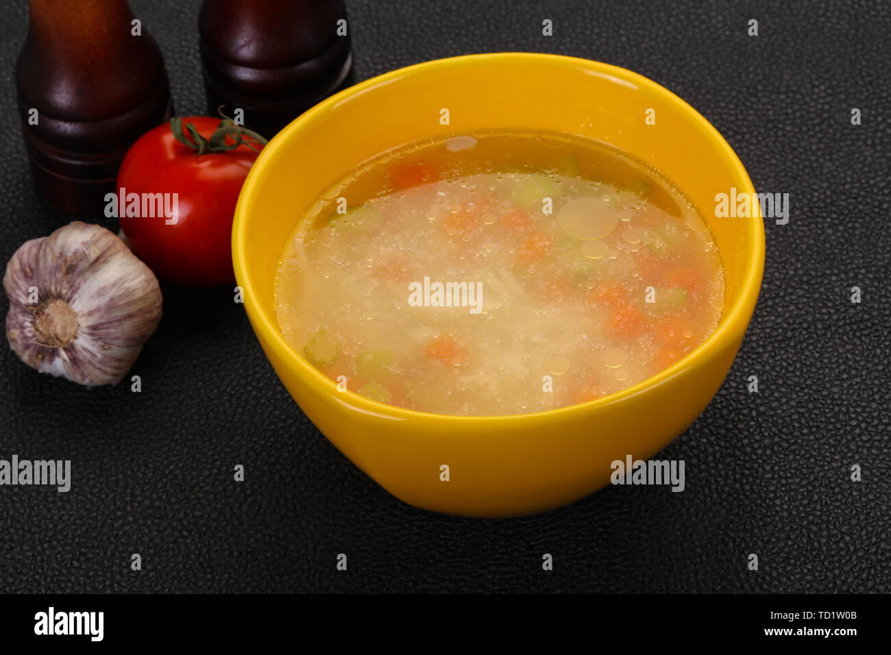 Chicken soup with noodles, carrot and celery Stock Photo Alamy