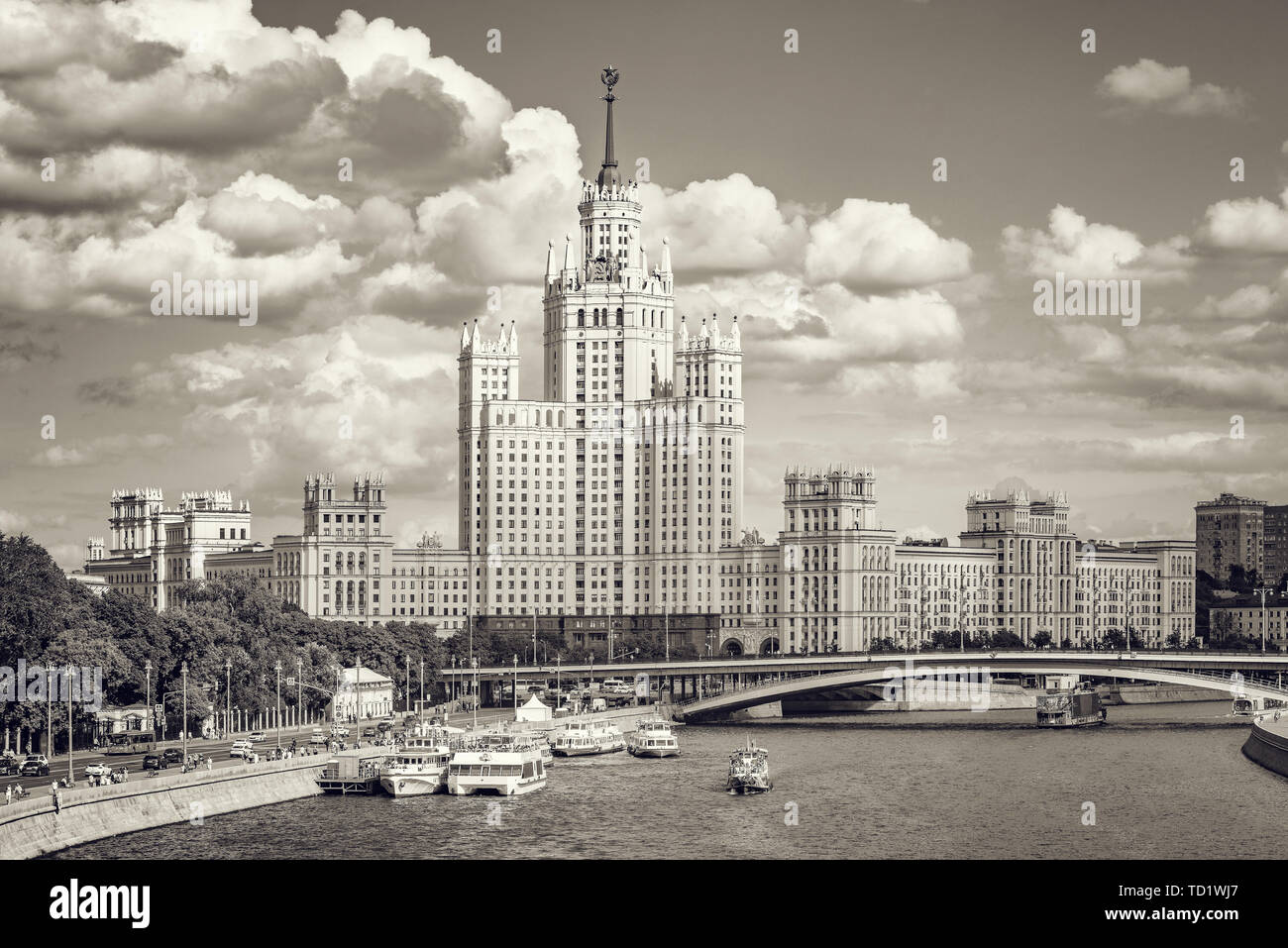 Retro skyscraper on Kotelnicheskaya embankment by Moscow river at summer day time. Moscow. Russia. Stock Photo