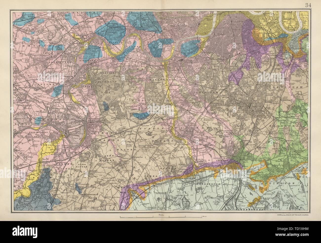 SW LONDON GEOLOGICAL K amp C Fulham - Sw London Geological Kc Fulham Surrey Richmond Wandsworth C Bacon 1900 Map TD1XHM 
