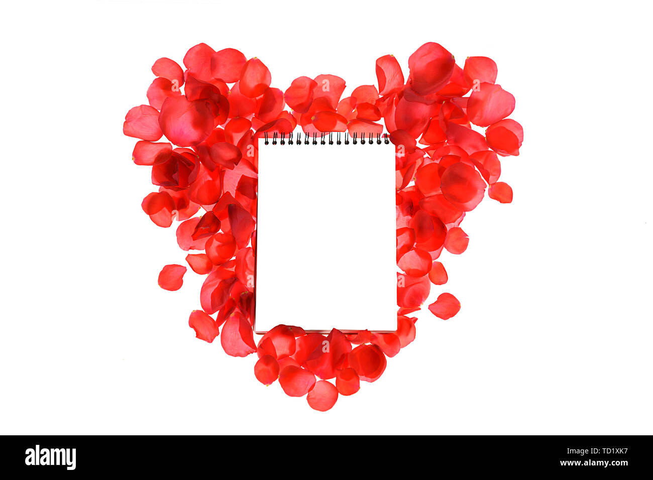 Red coral roses petals on heart shape and notebook isolated on white background. Stock Photo