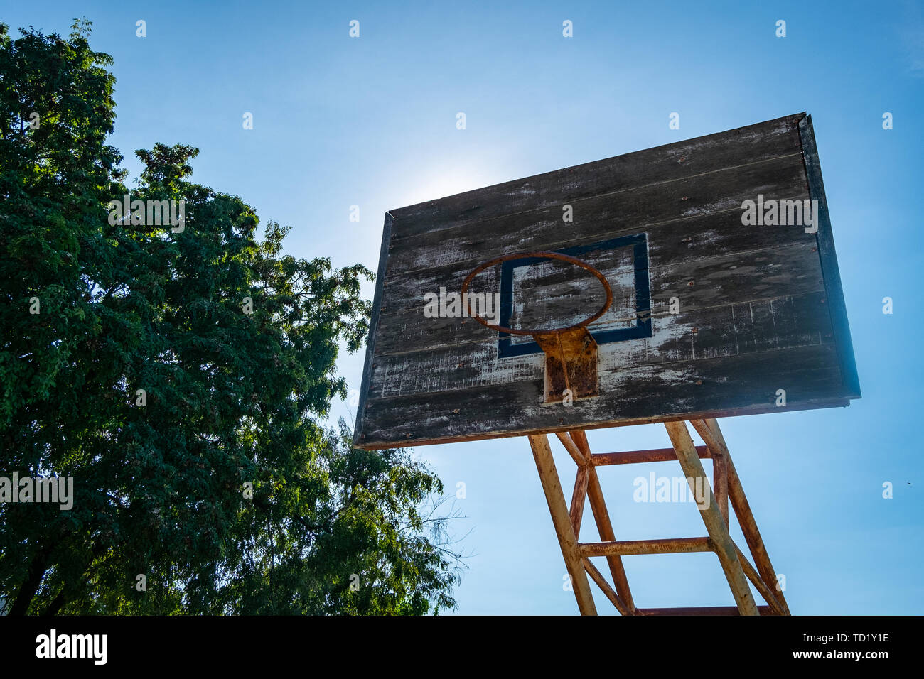 Rustic Basketball hoop in the public arena Stock Photo Alamy
