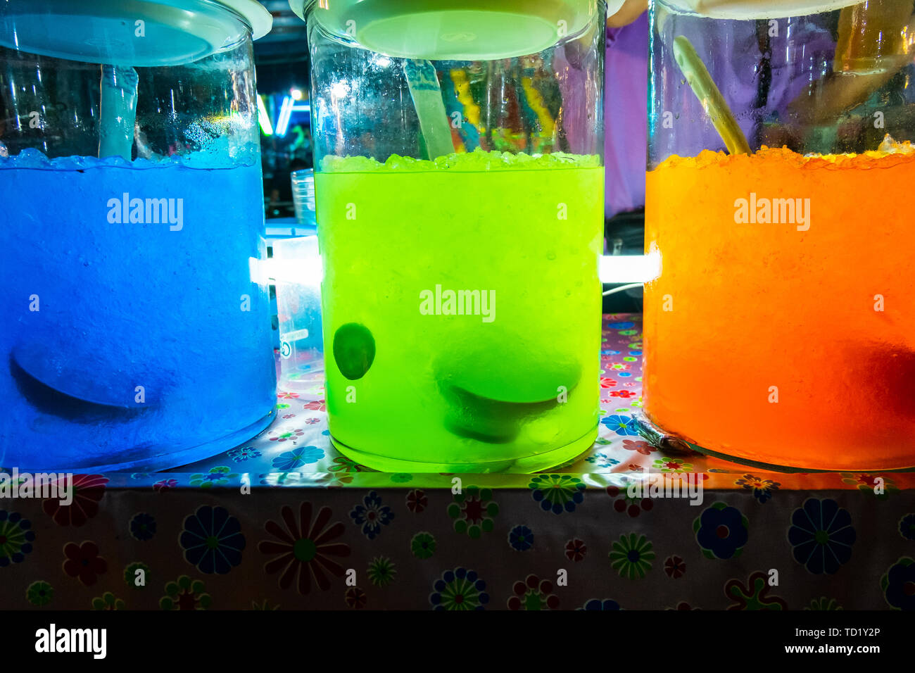 Colorful Fresh Fruit Juice For Sale At Street Market Lopburi Thailand Stock Photo