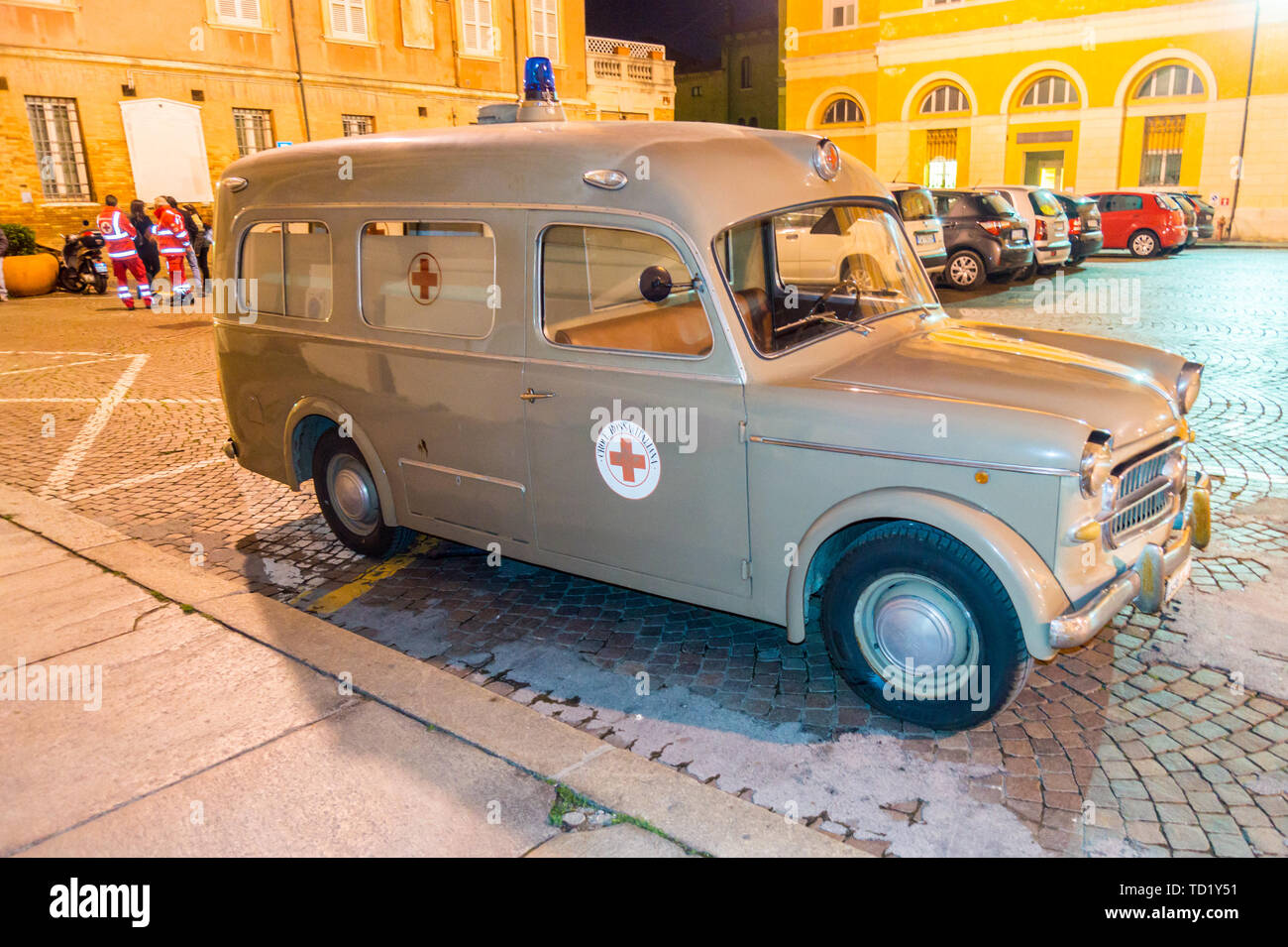 Fiat 1100 ambulance, 1957, used by Italian Red Cross,  Ravenna, Emilia-Romagna, Italy Stock Photo
