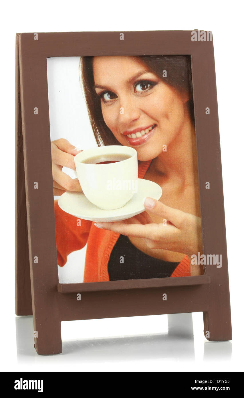 Brown photo frame with picture isolated on white Stock Photo - Alamy