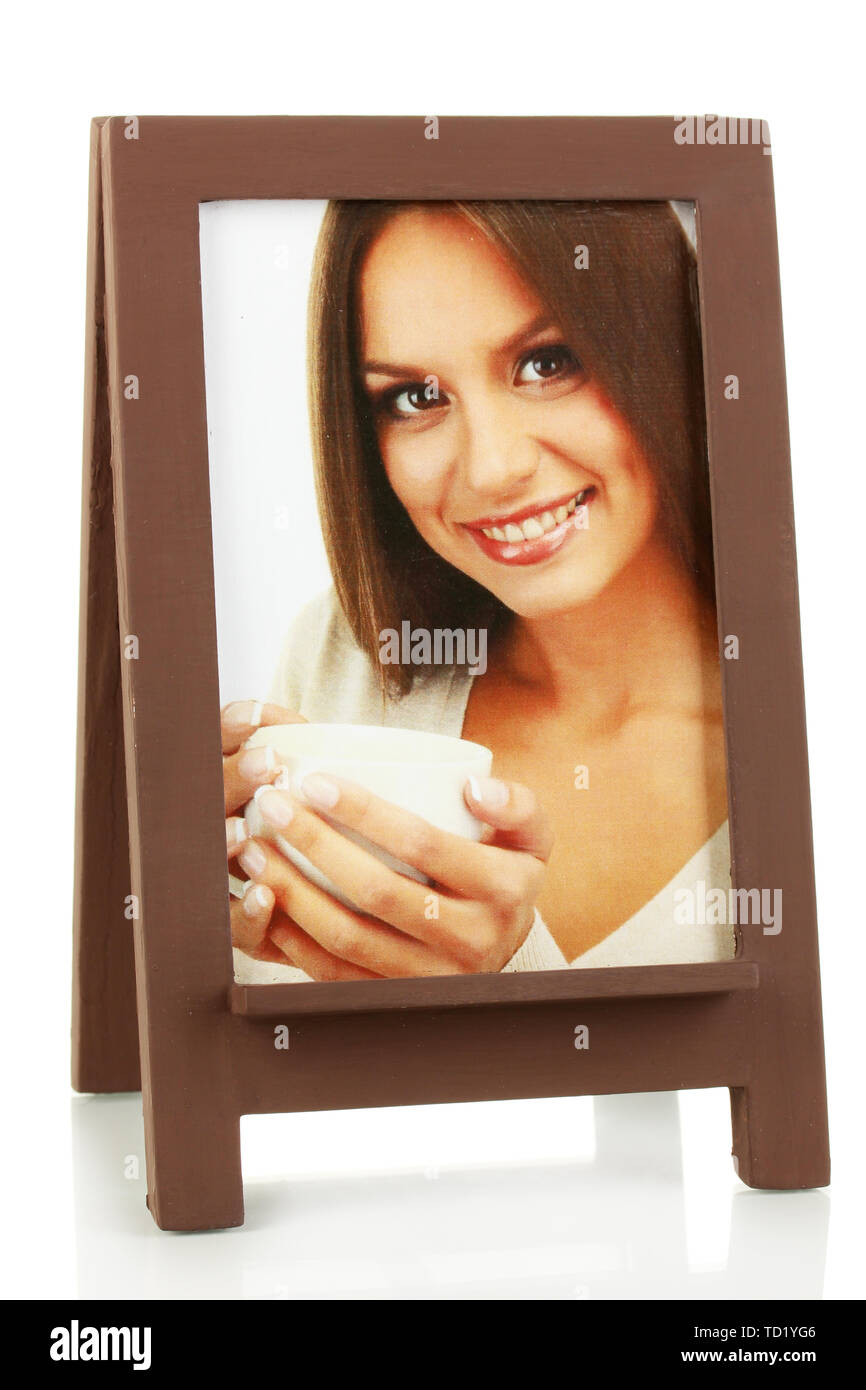 Brown photo frame with picture isolated on white Stock Photo - Alamy