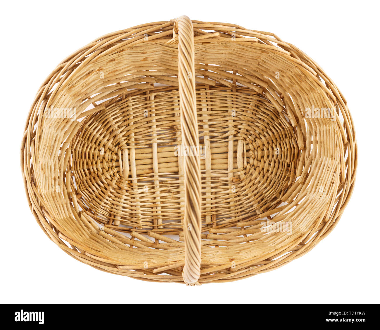 Empty wicker picnic basket isolated on white. Top view. Stock Photo