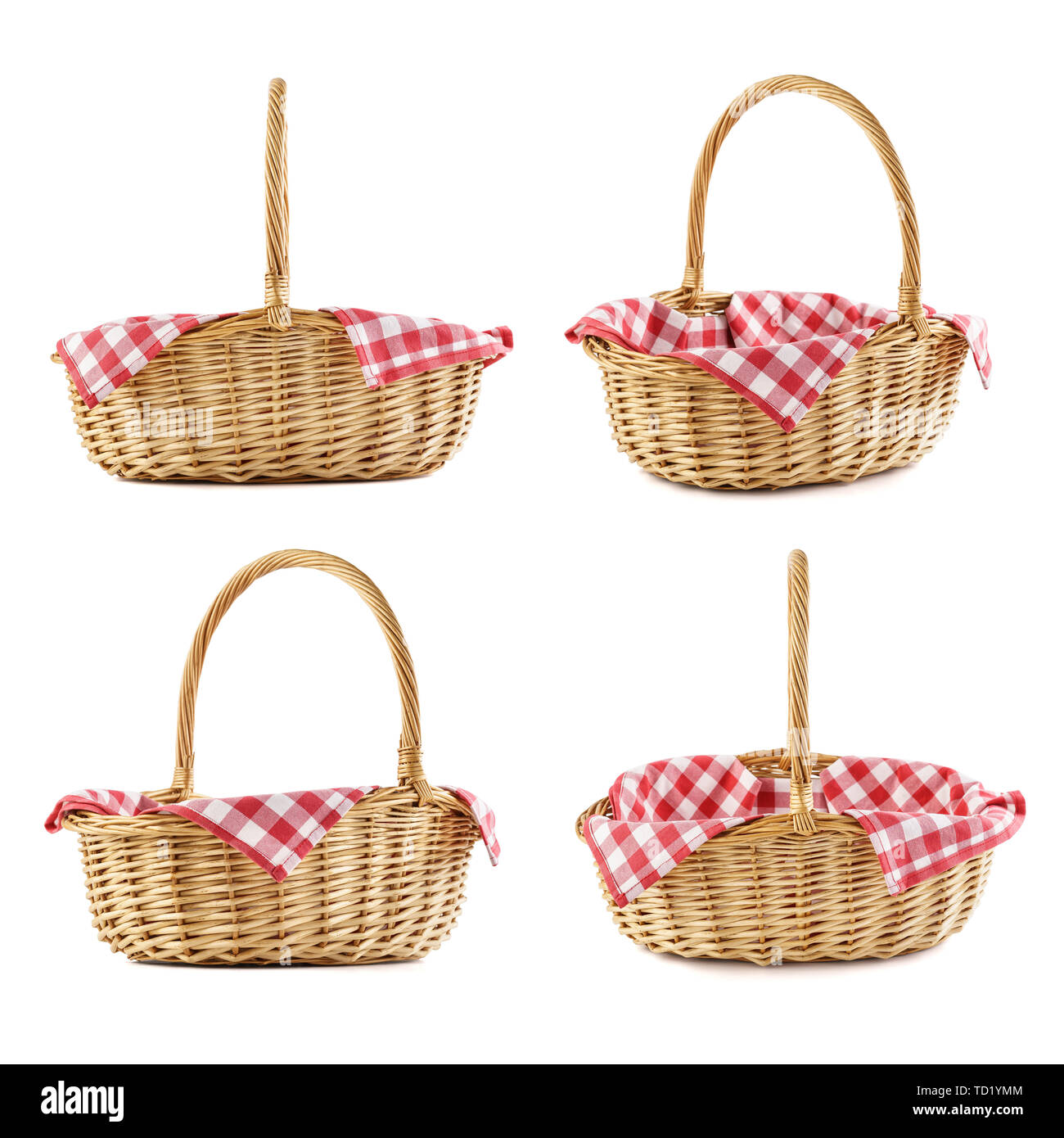 Set of wicker picnic baskets shot from different angles. Isolated on