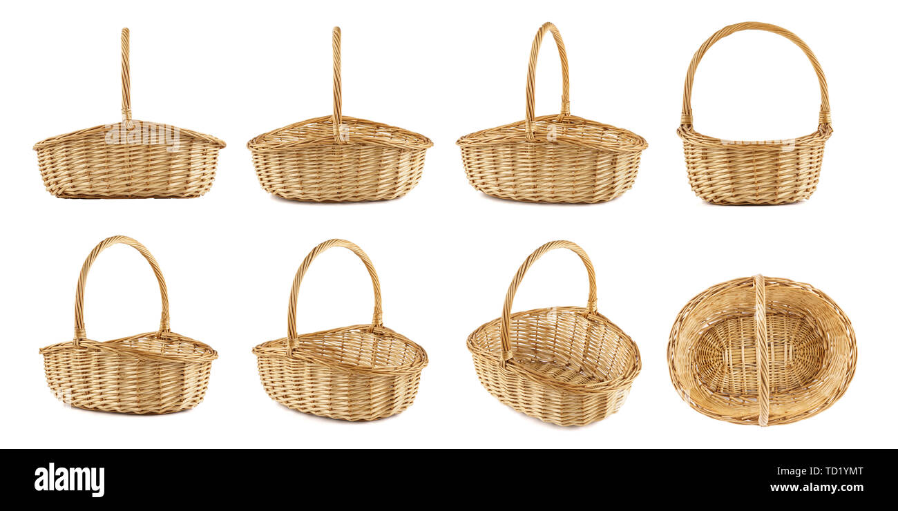 Set of wicker picnic baskets shot from different angles. Isolated on