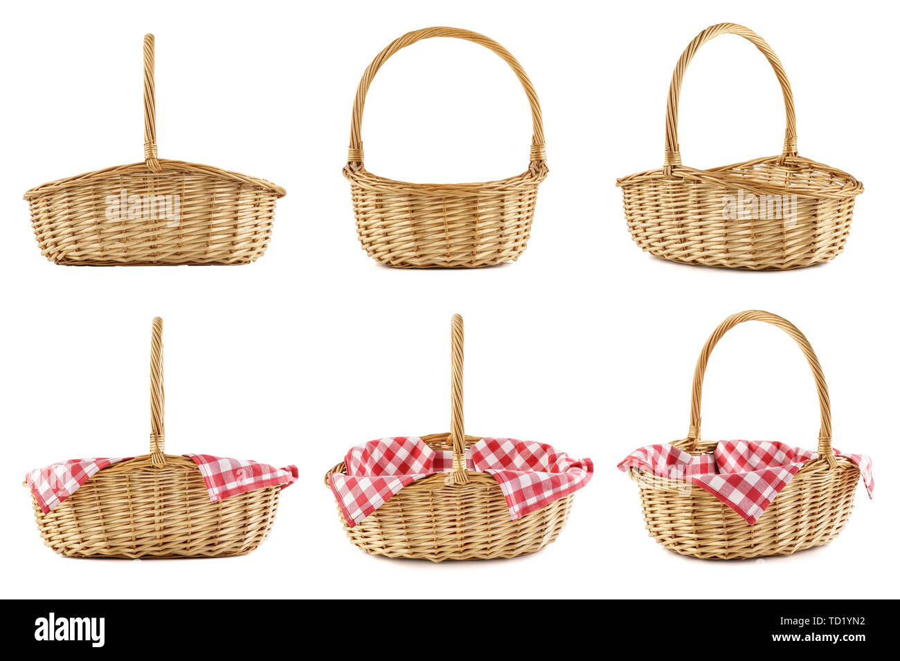 Collage of empty wicker picnic baskets with red checkered tablecloths