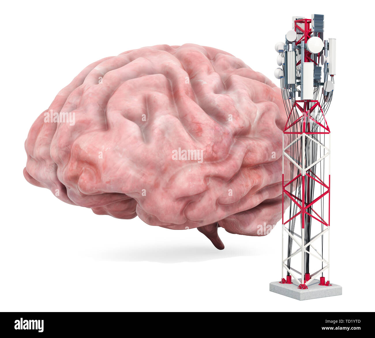 Mobile tower effect on human brain. 3D rendering isolated on white background Stock Photo