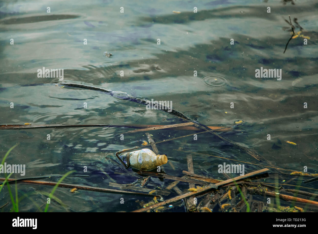 Old dirty bottle floating on the river Stock Photo Alamy