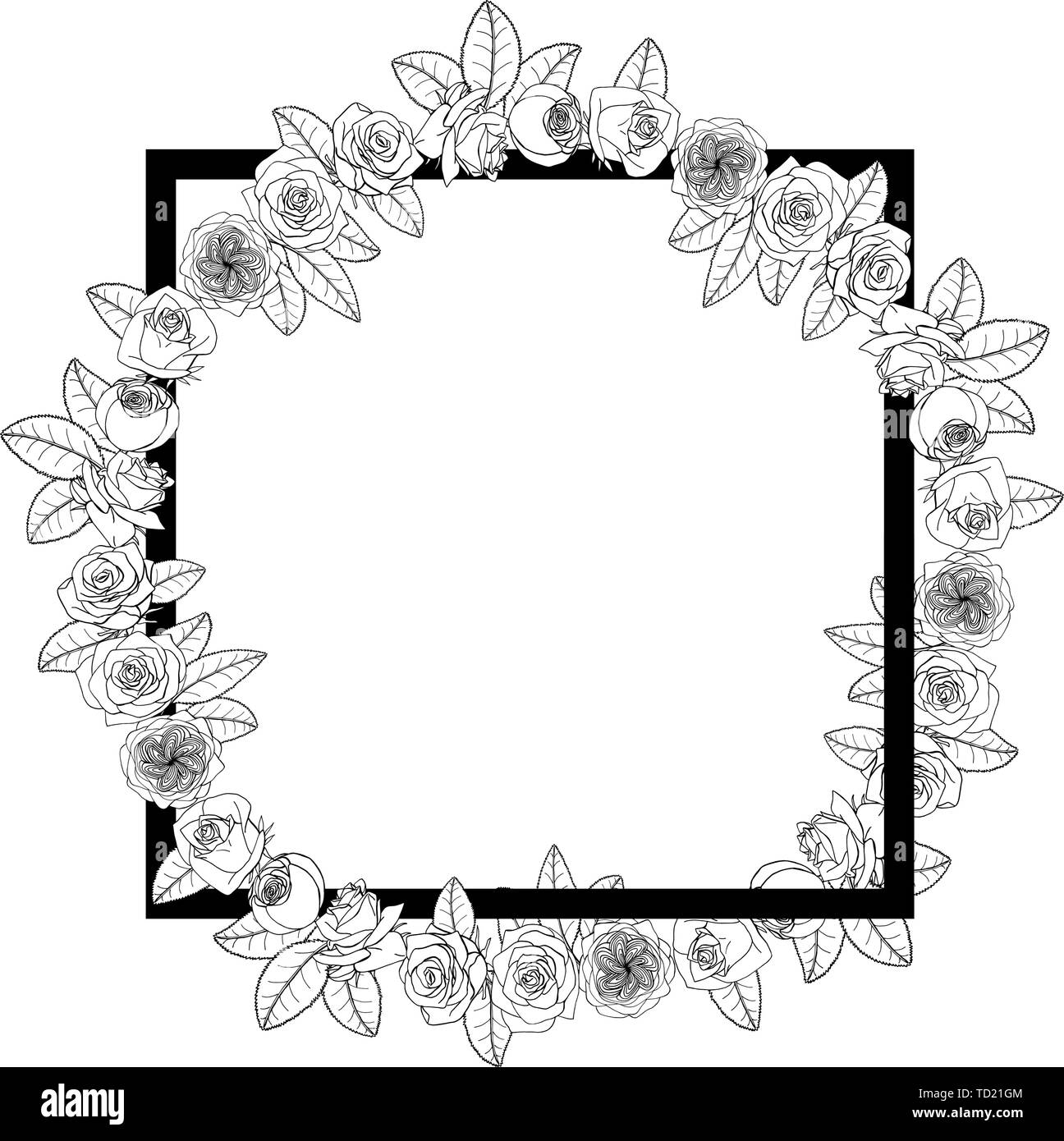 Hand drawn doodle style rose flowers wreath around square frame. floral ...