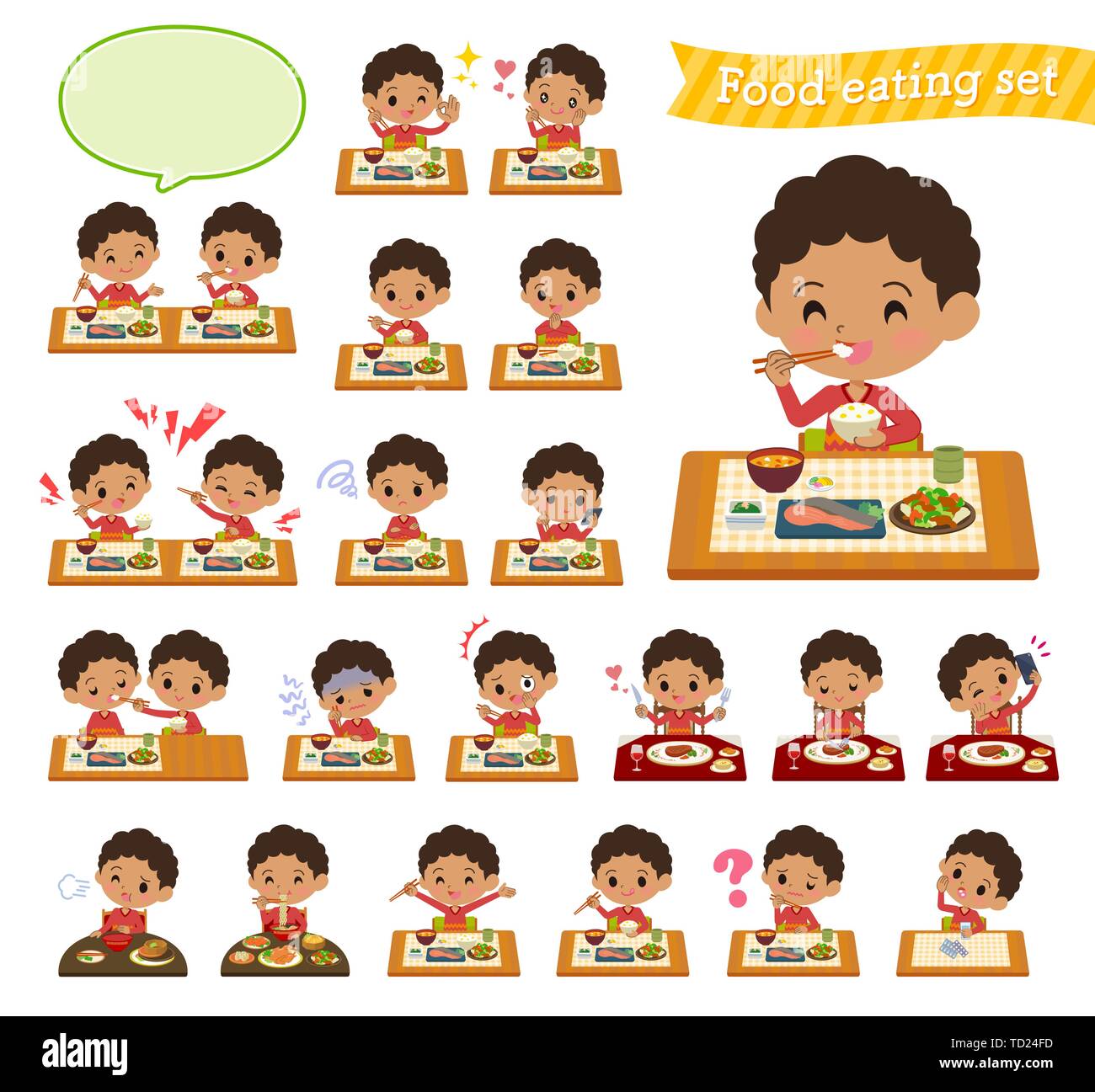 A set of boy about meals.Japanese and Chinese cuisine, Western style dishes and so on.It's vector art so it's easy to edit. Stock Vector