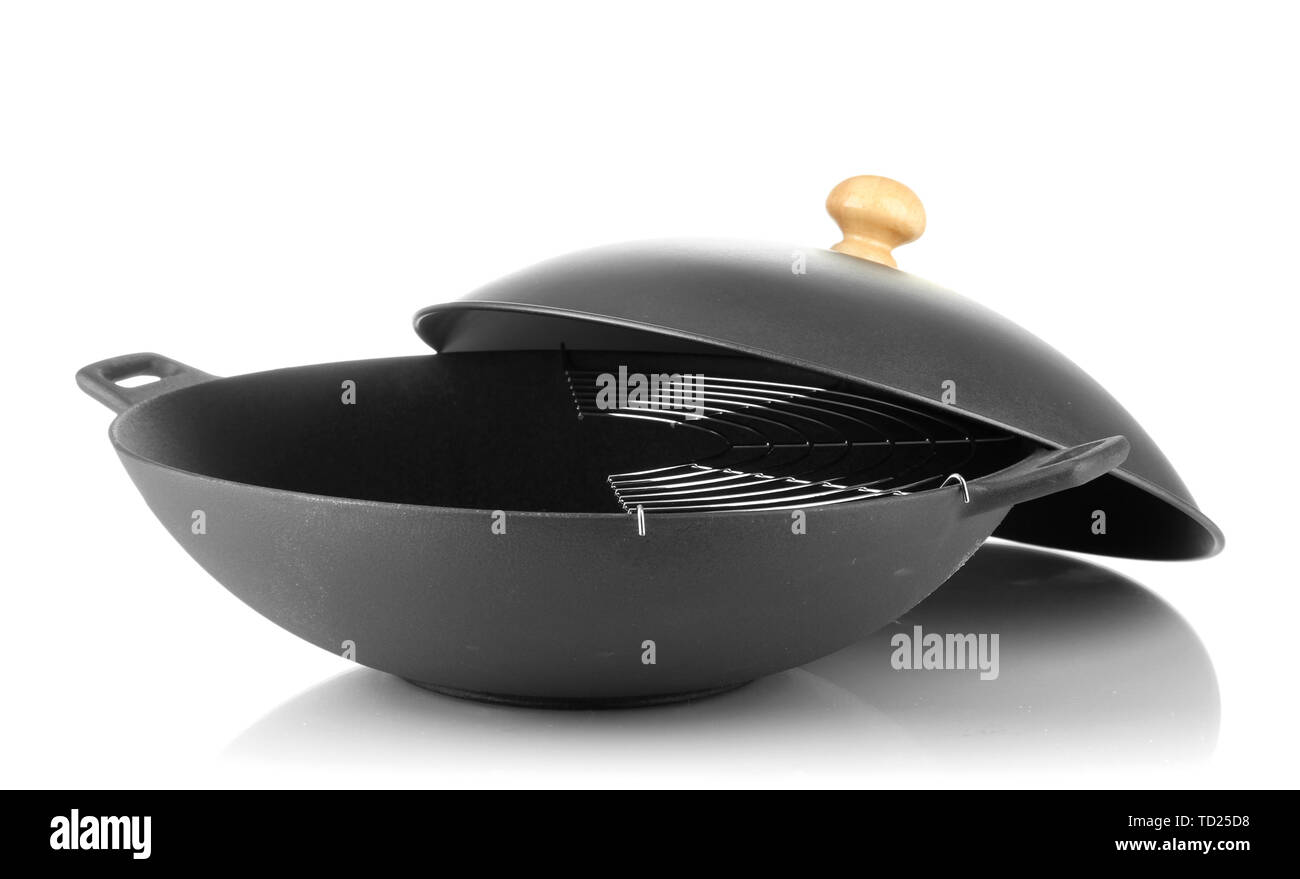 Black wok pan isolated on white Stock Photo Alamy
