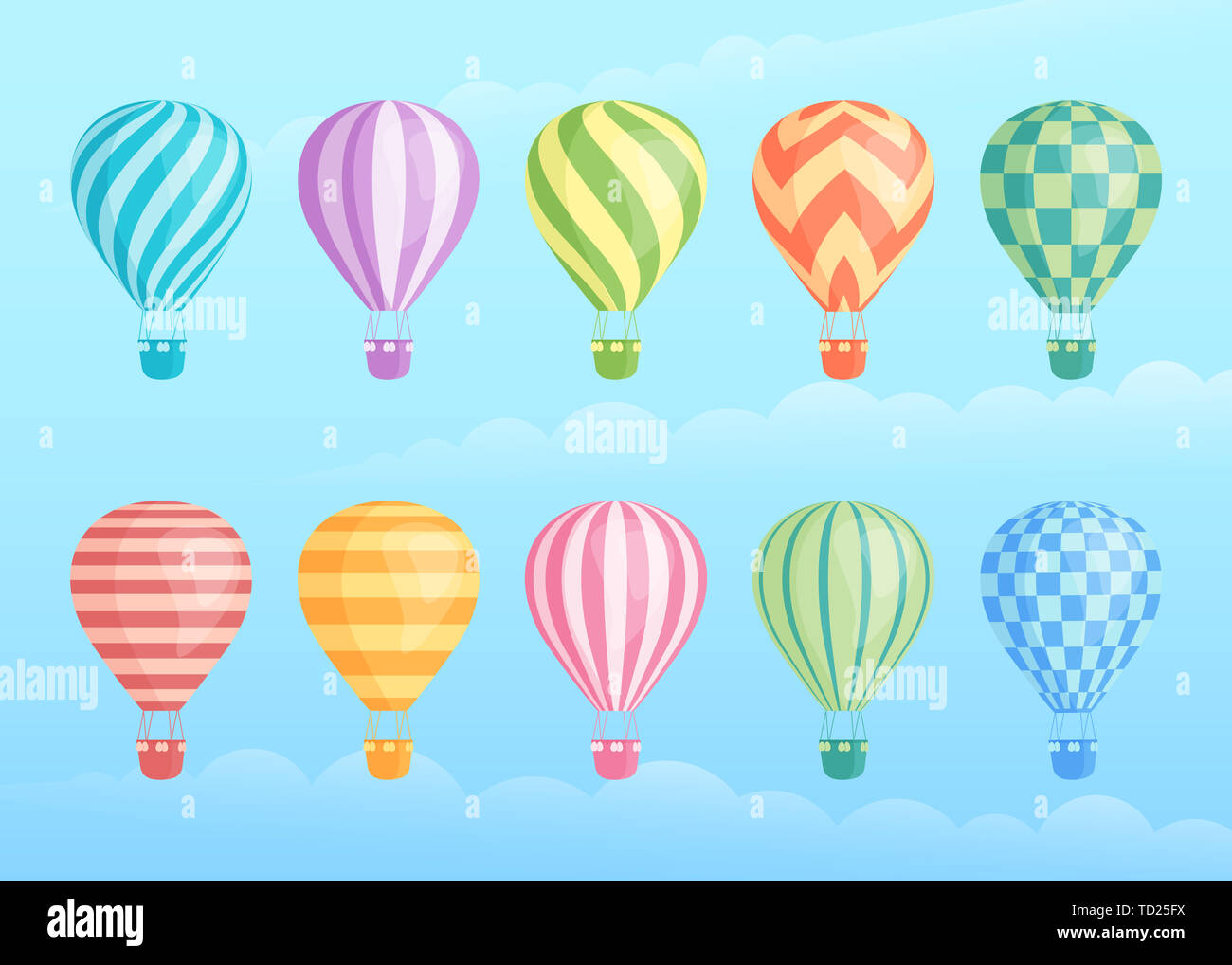 Collection of colorful hot air balloons. Zig zags, wavy