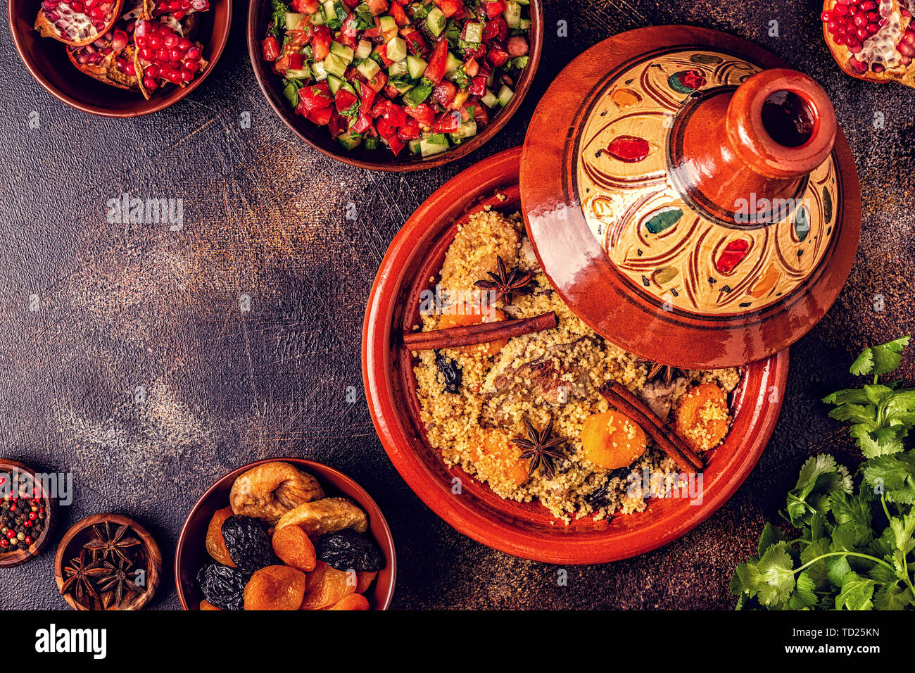 Traditional moroccan tajine of chicken with dried fruits and spices, top view Stock Photo Alamy