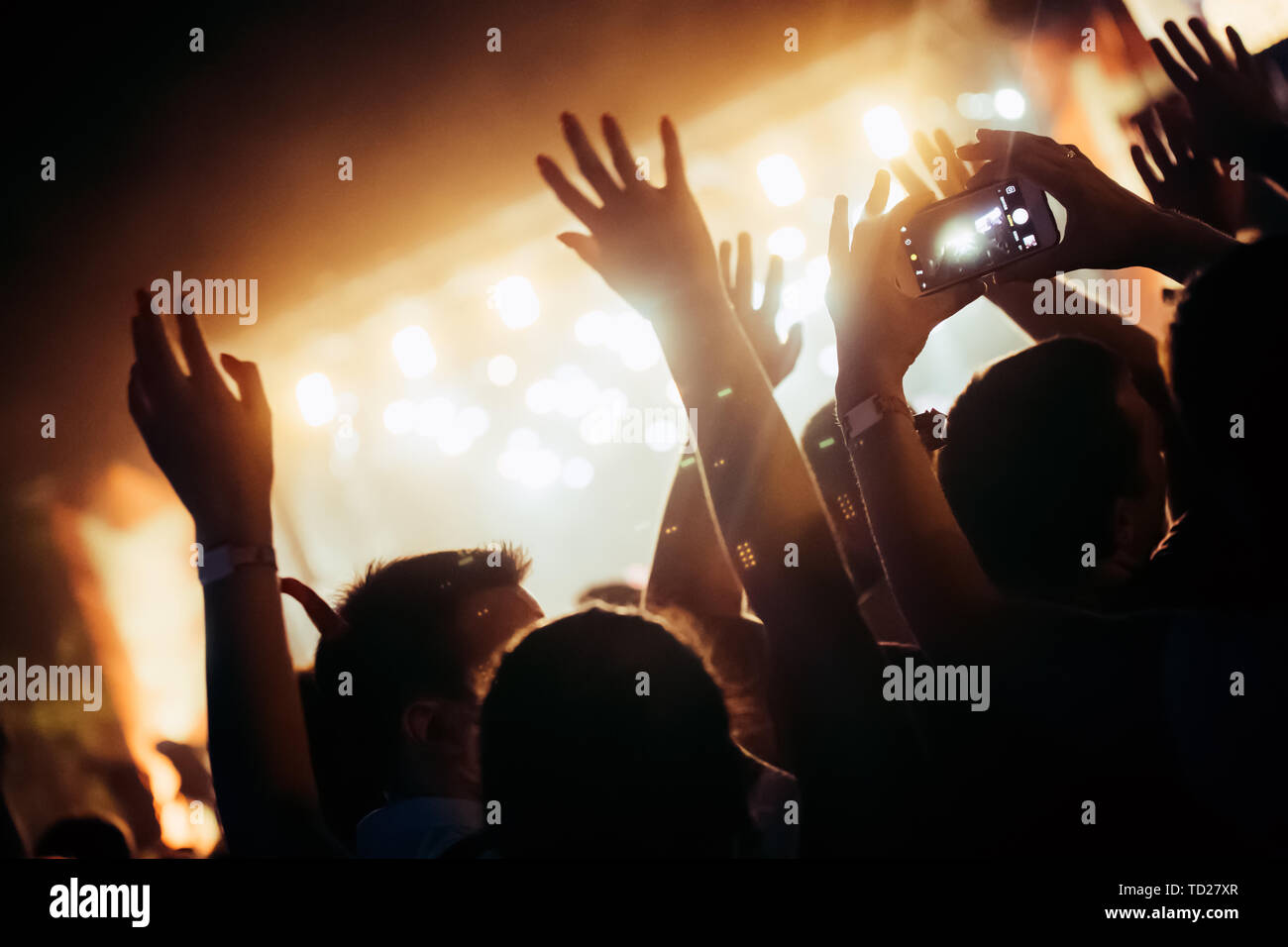 Cheering crowd with hands in air at music festival Stock Photo - Alamy