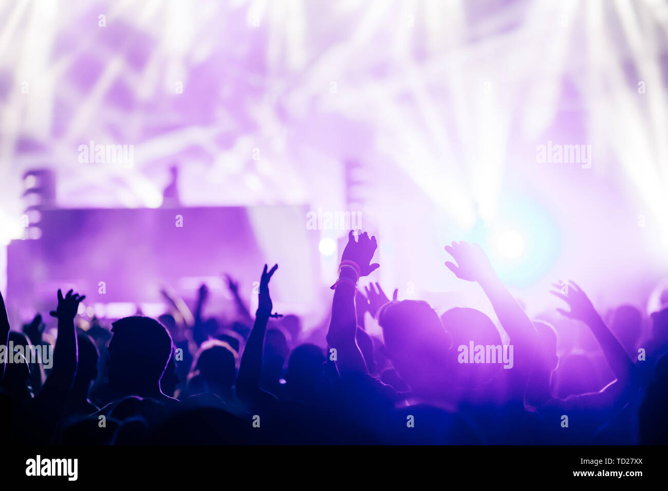 Cheering crowd with hands in air at music festival Stock Photo - Alamy