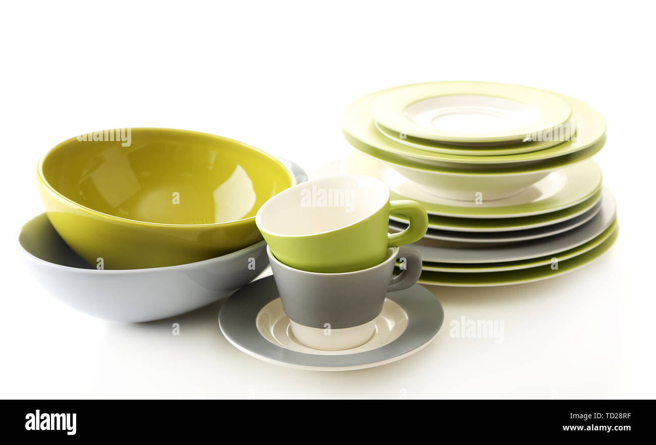 Empty bowls, plates and cups isolated on white Stock Photo Alamy