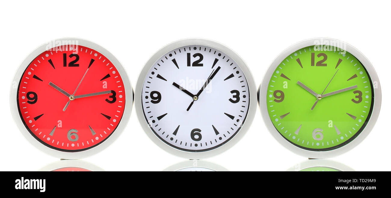 Round office clocks isolated on white Stock Photo - Alamy