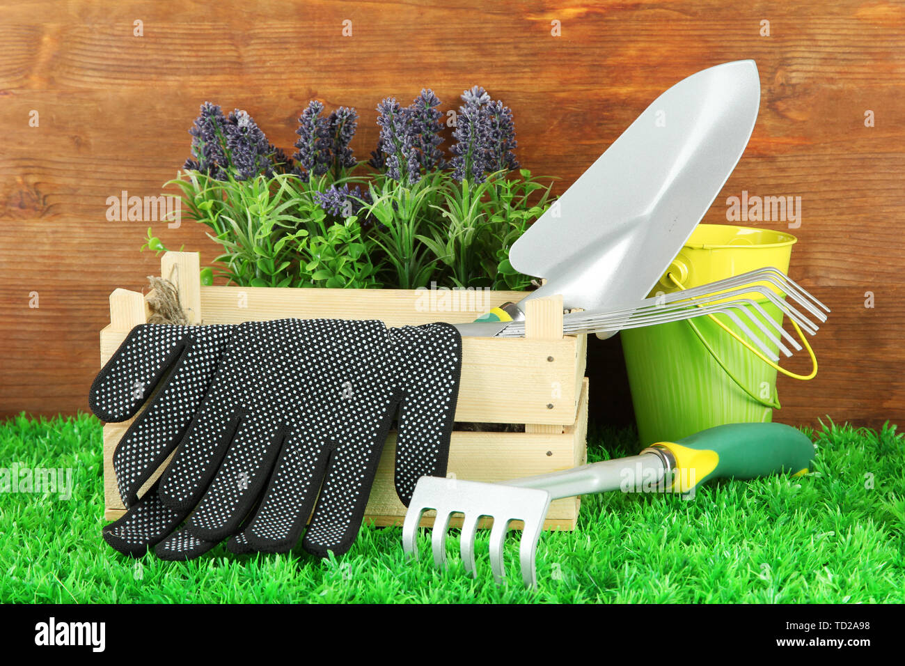 Garden tools on grass in yard Stock Photo - Alamy