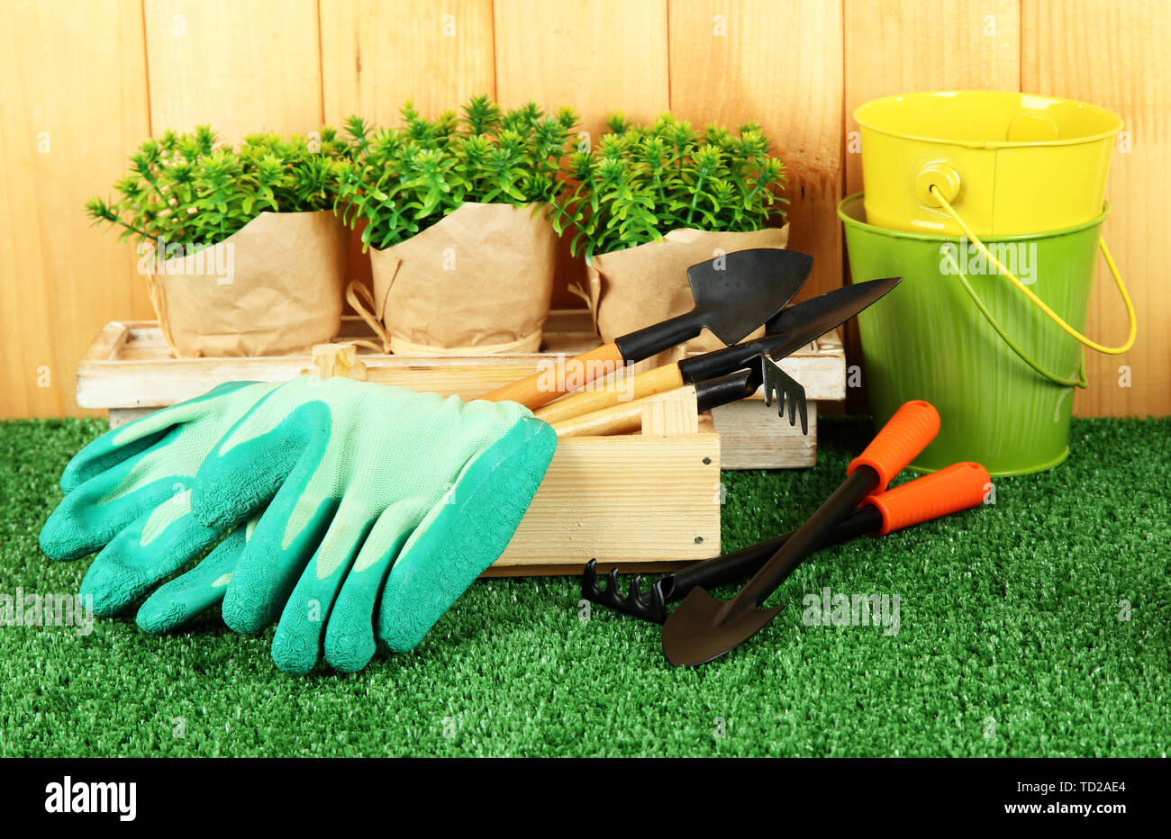 Garden tools on grass in yard Stock Photo - Alamy