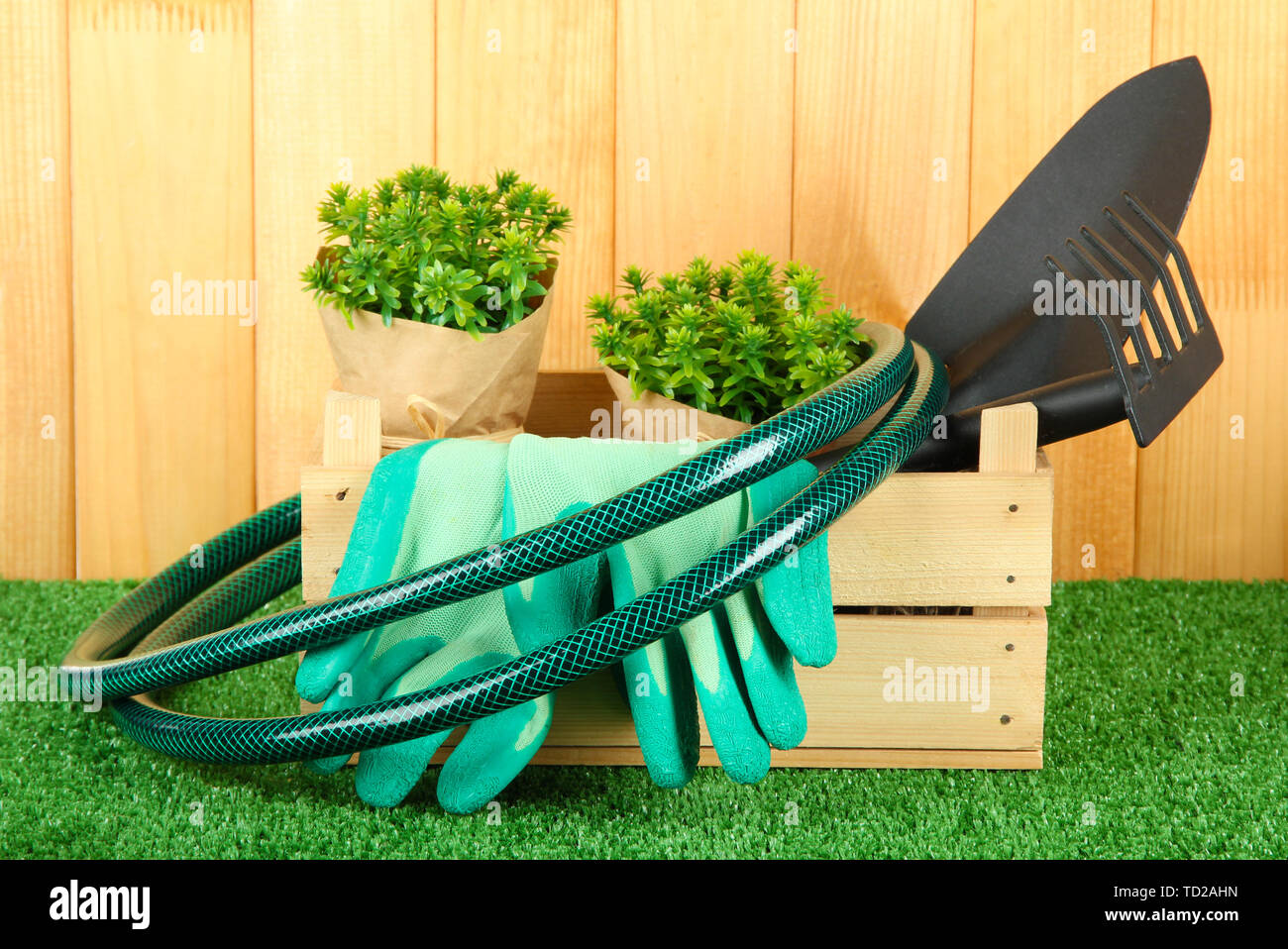 Garden tools on grass in yard Stock Photo - Alamy
