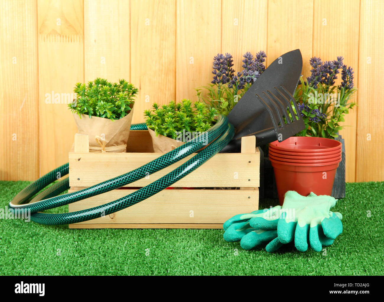 Garden tools on grass in yard Stock Photo - Alamy