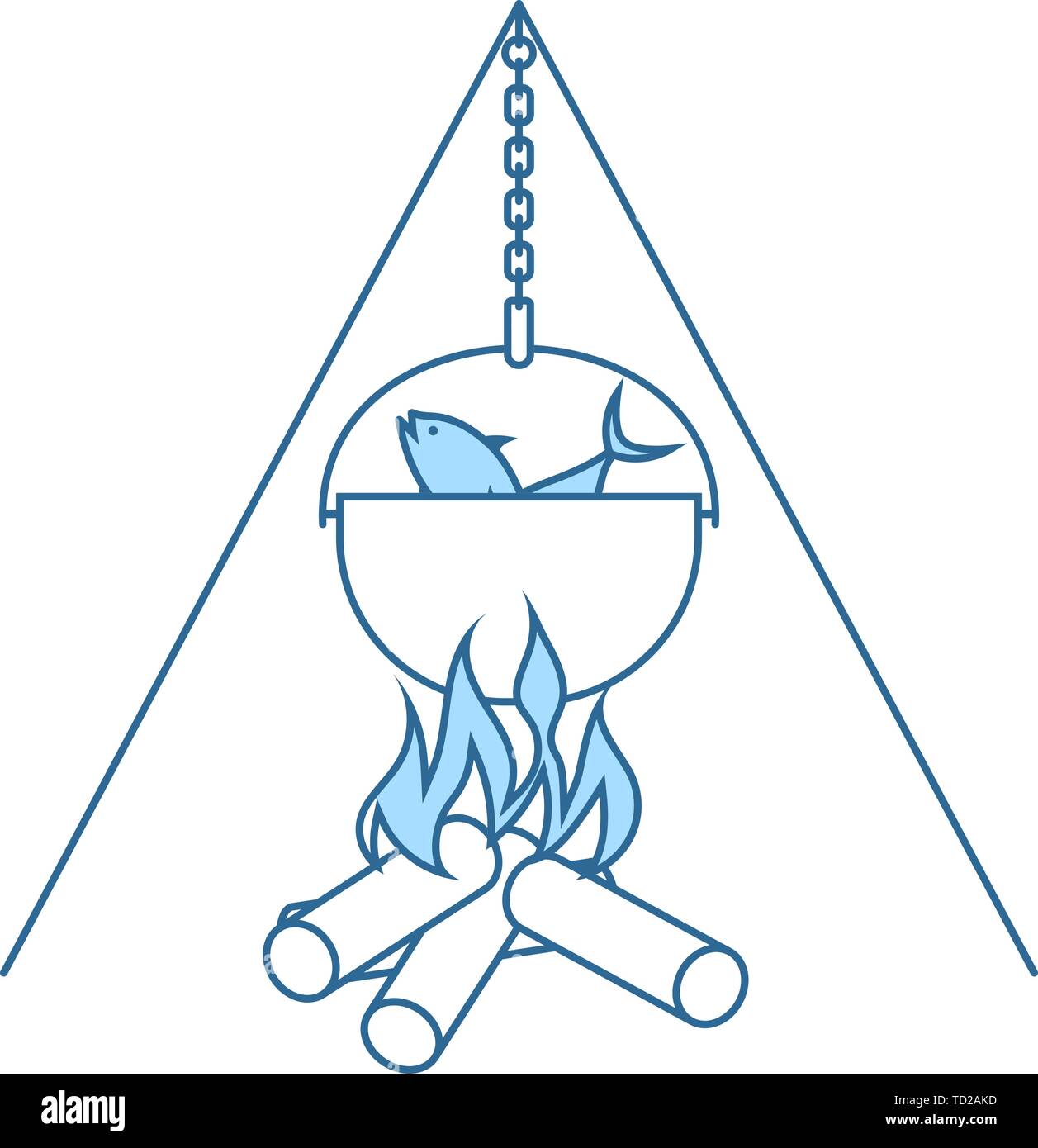 Icon Of Fire And Fishing Pot. Thin Line With Blue Fill Design. Vector ...