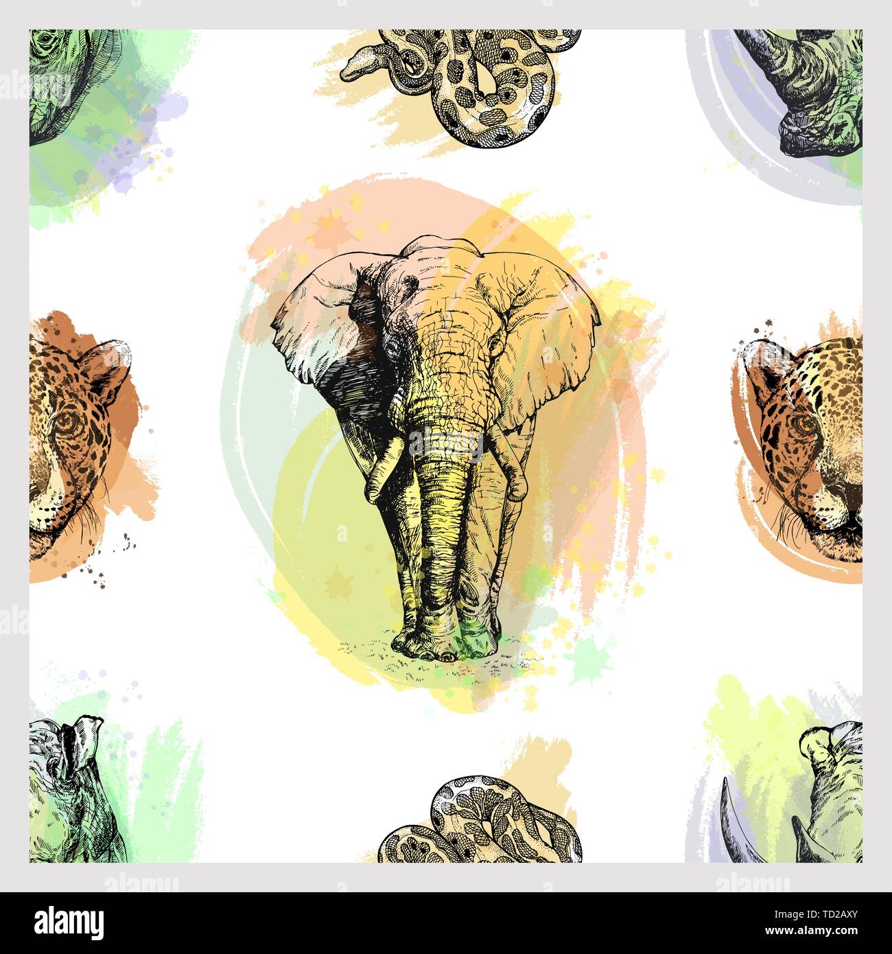 Seamless pattern of hand drawn sketch style portraits of leopard ...