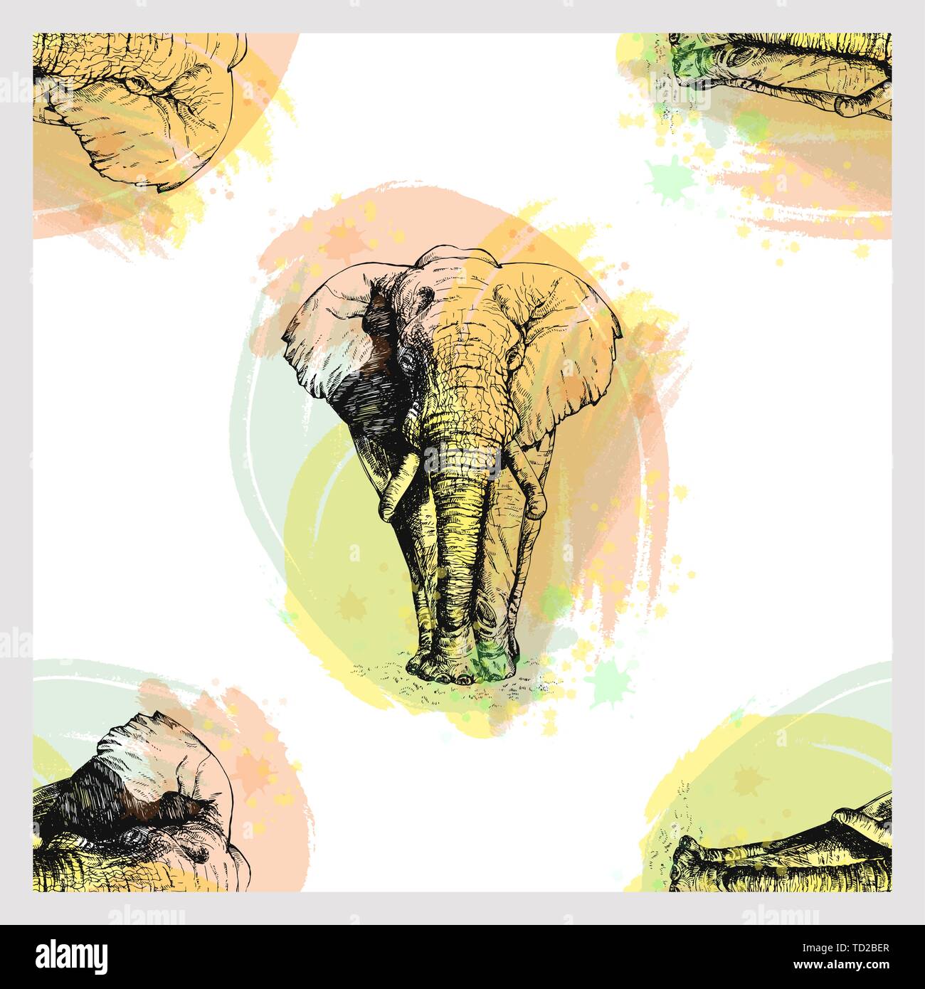 Seamless pattern of hand drawn sketch style elephant isolated on white ...