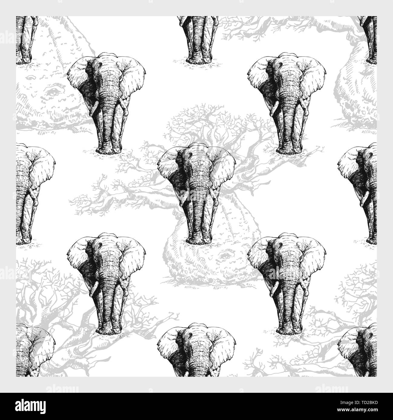 Seamless pattern of hand drawn sketch style elephant isolated on white ...