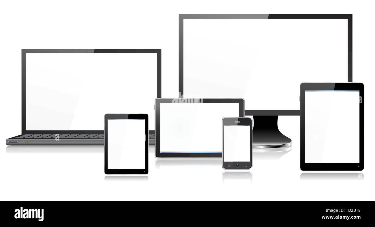 Realistic mobile and computer devices with laptop, monitor screen, tablet, mini tablet and smartphone - each device grouped and on a separate layer, r Stock Vector