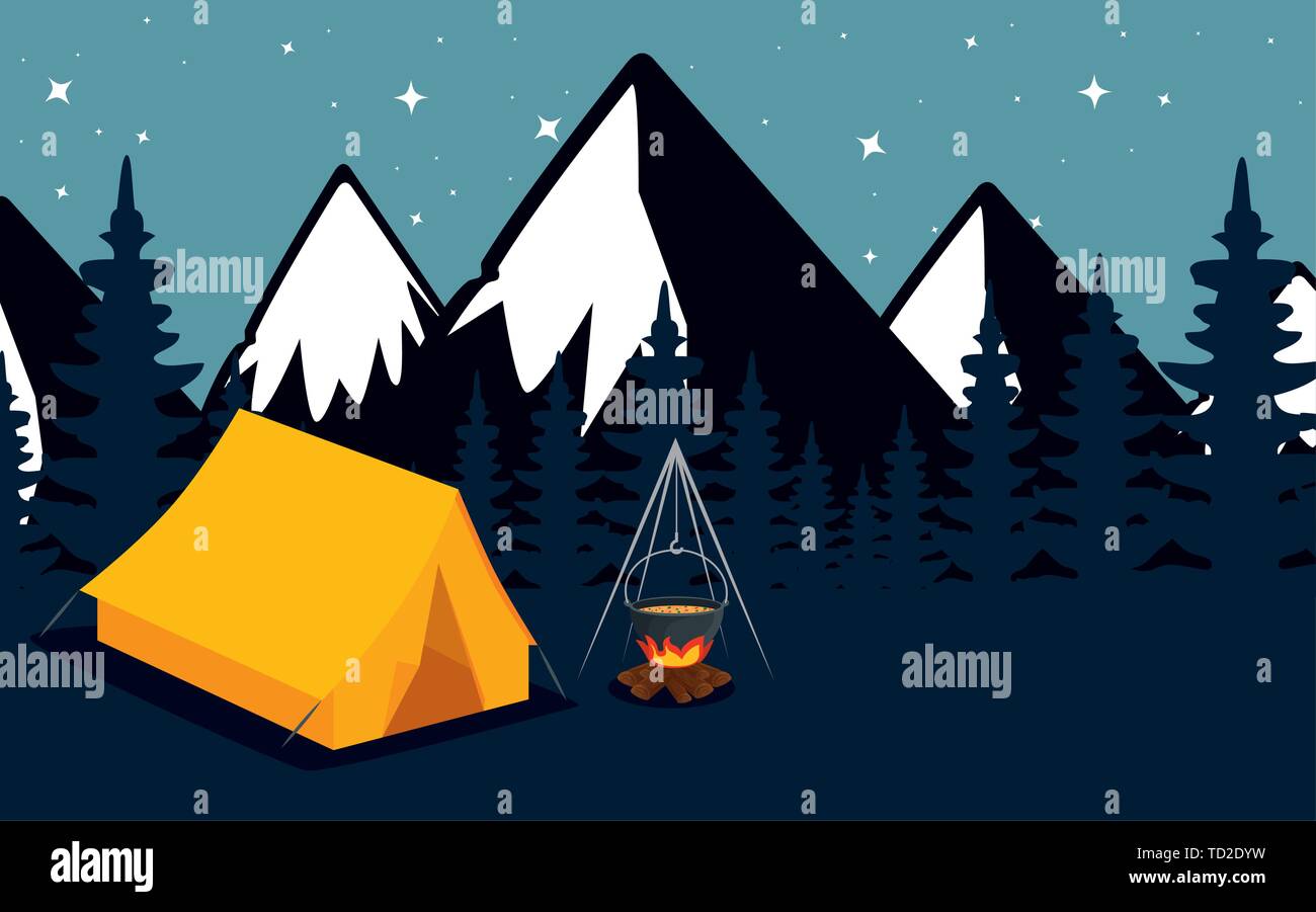 camping zone with tent and campfire at night scene Stock Vector Image ...