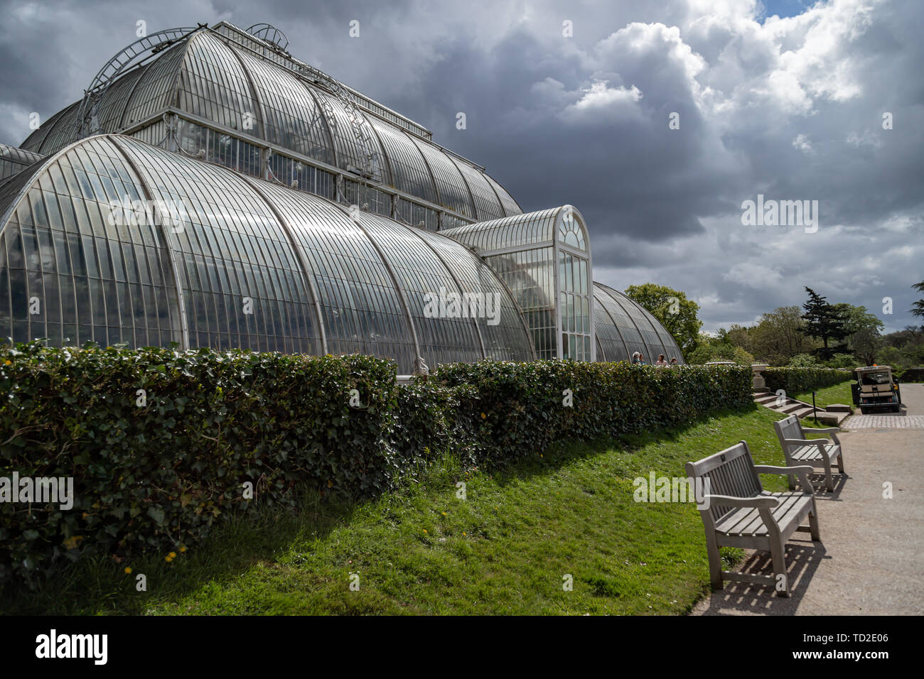 A wide angle view of the Palm House from behind with a moody sky in Kew Gardens. Stock Photo