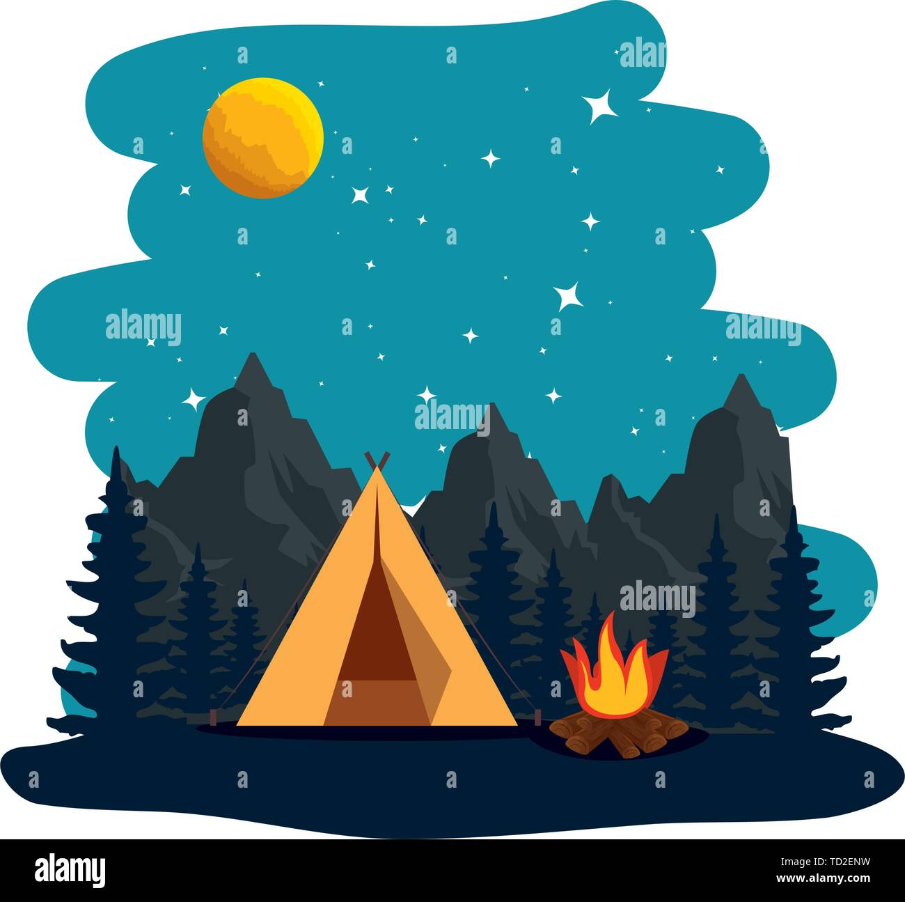 camping zone with tent and campfire at night scene Stock Vector Image ...