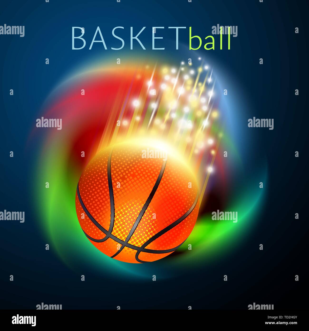 basketball ball flying over rainbow background. Bright and shiny vector motion effects. Stock Vector