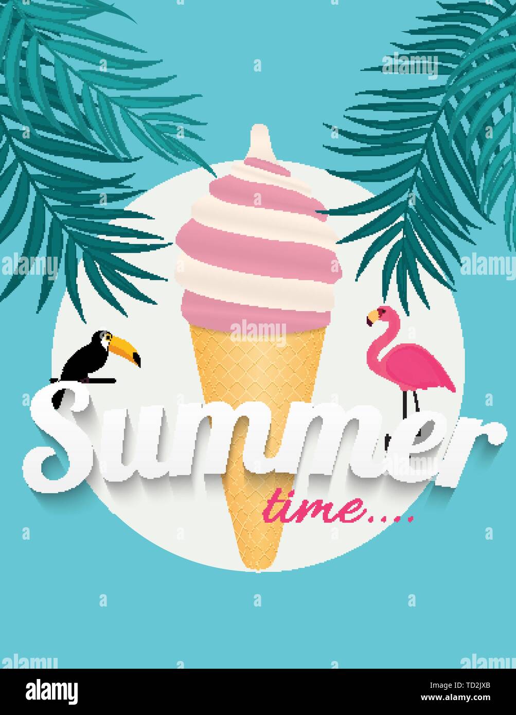 Abstract Summer Time Background with Flamingo and Toucan. Vector ...