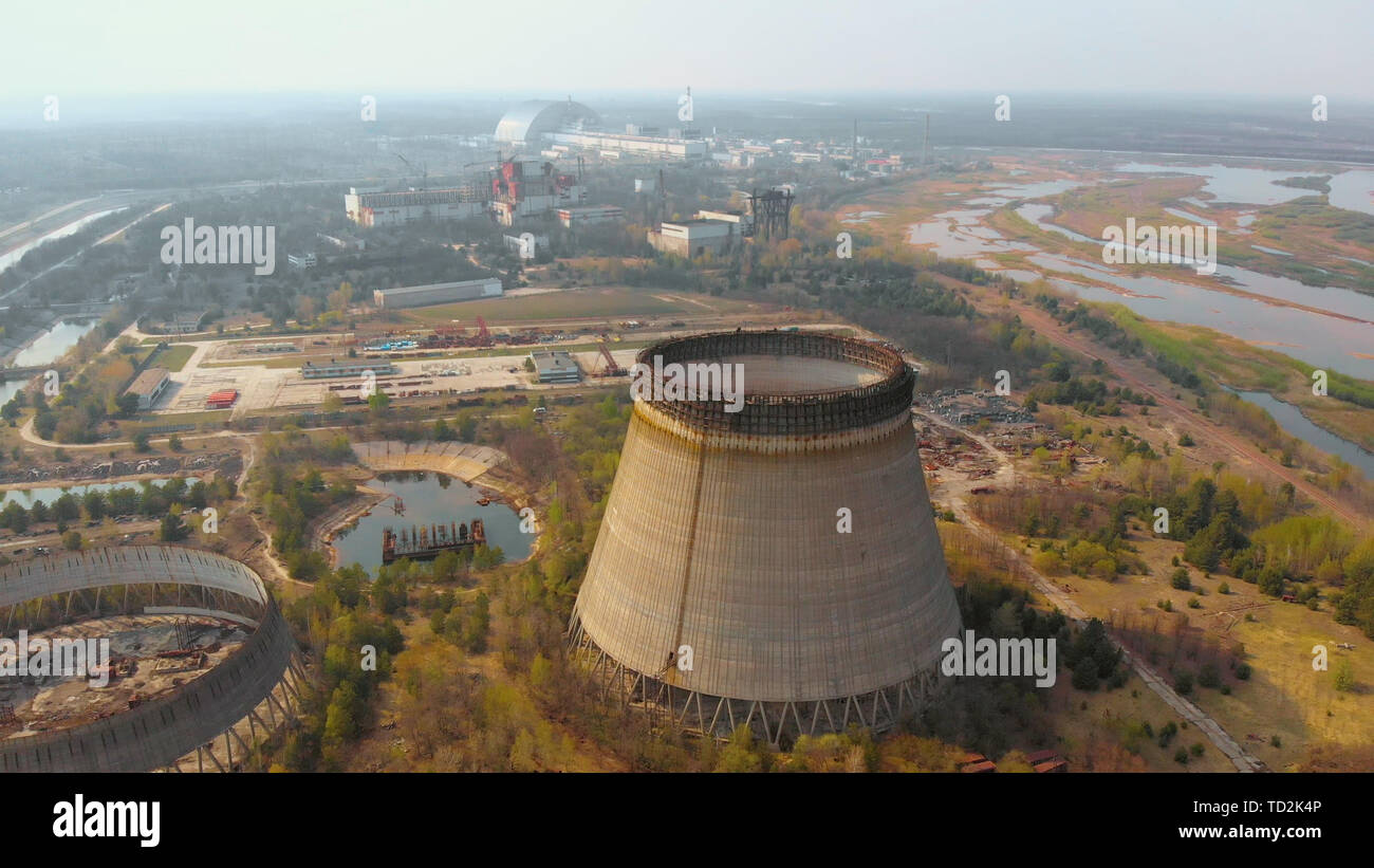 Chernobyl nuclear power plant, Ukrine. Aerial view Stock Photo